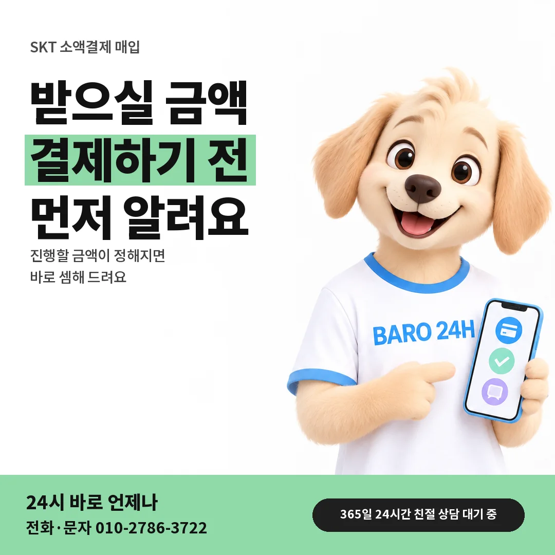 BARO 24H 티셔츠를 입은 3D 동물 캐릭터 옆에 「SKT 받으실 금액 안내」 제목을 얹은 안내 카드