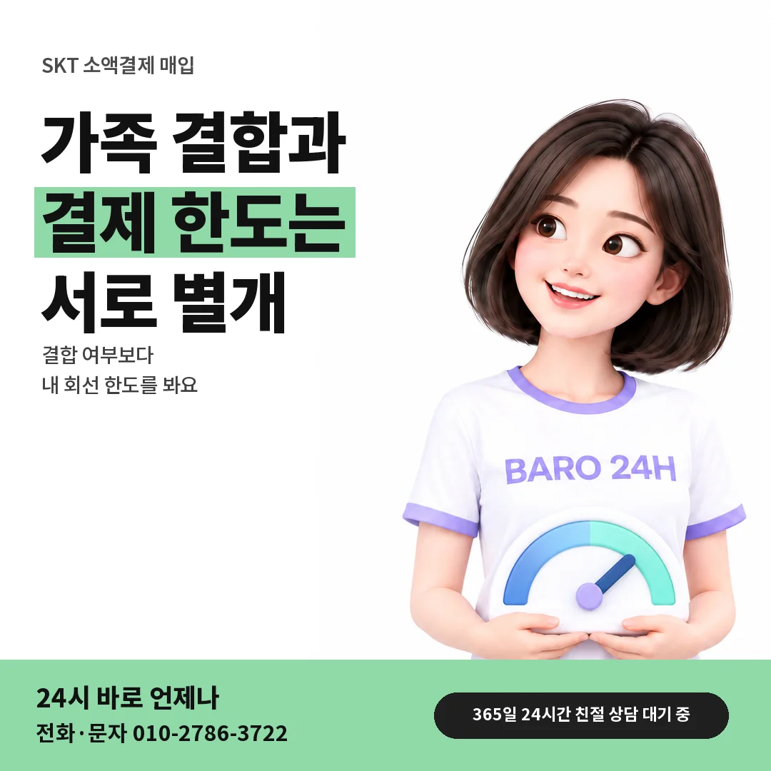 BARO 24H 티셔츠를 입은 3D 인물 옆에 「SKT 가족 결합과 한도」 제목을 얹은 안내 카드
