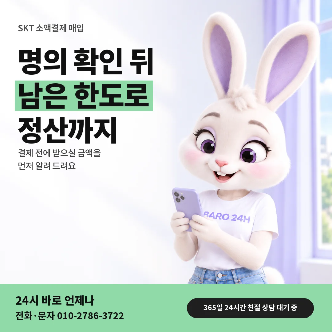 BARO 24H 티셔츠를 입은 3D 토끼 캐릭터 옆에 「SKT 소액결제 매입」 제목을 얹은 안내 카드