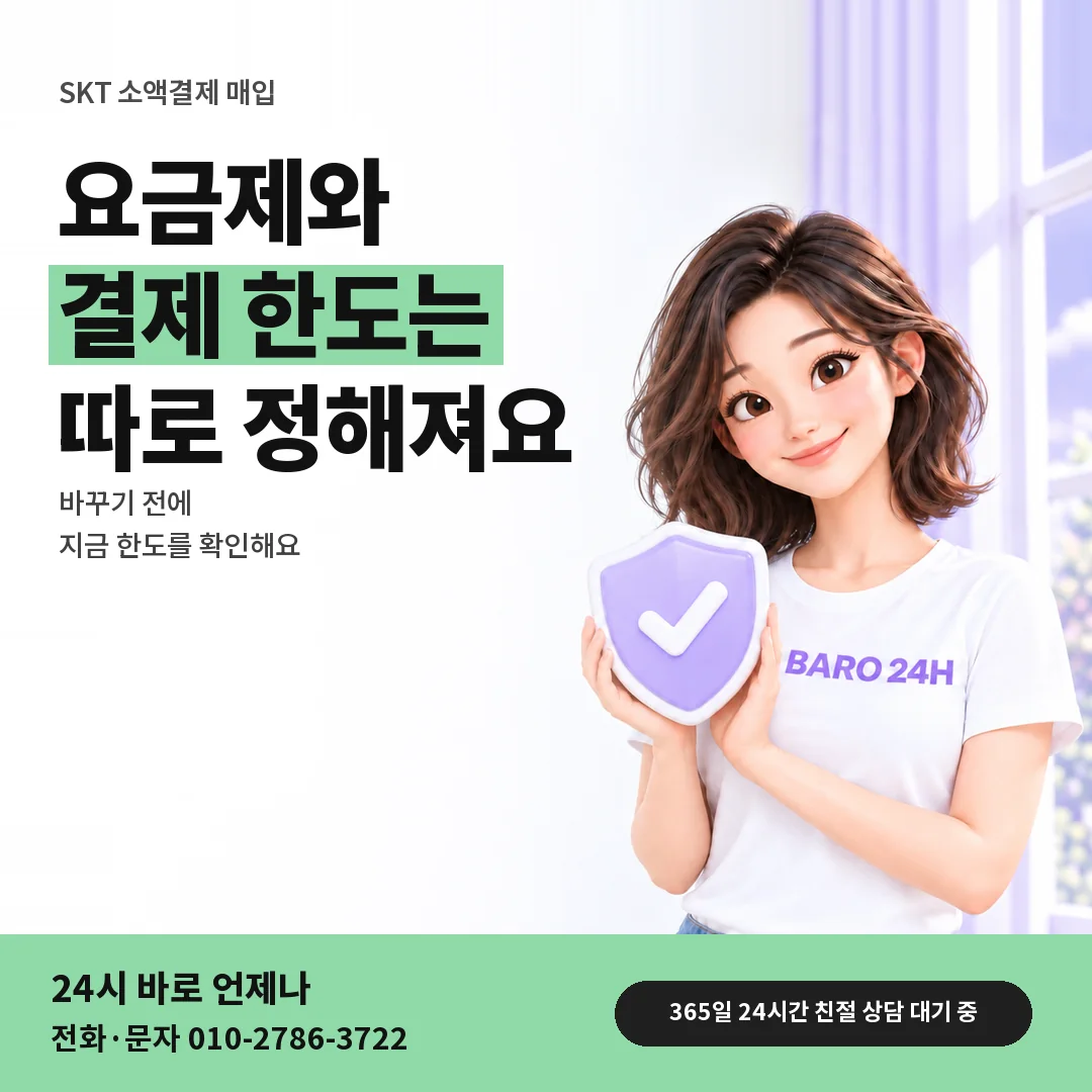 방패를 든 BARO 24H 티셔츠를 입은 3D 인물 옆에 「SKT 요금제 바꿀 때 한도」 제목을 얹은 안내 카드
