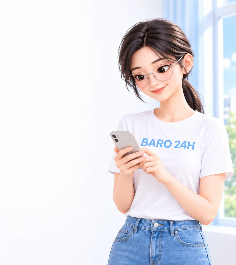 휴대폰을 들고 상담을 안내하는 BARO 24H 티셔츠 차림의 20대 3D 인물